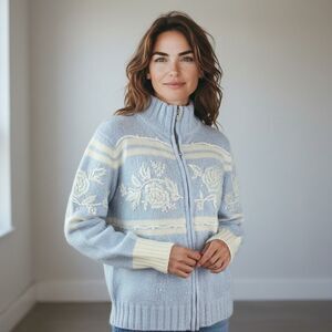 Vintage Dressbarn Lambs Wool Angora Full Zip Knit Sweater Blue Sequined Womens L